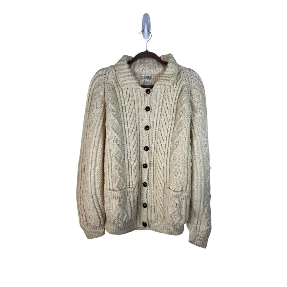 Cream Cable Knit Cardigan Sweater With Front Pockets & Button Closure By Jenners